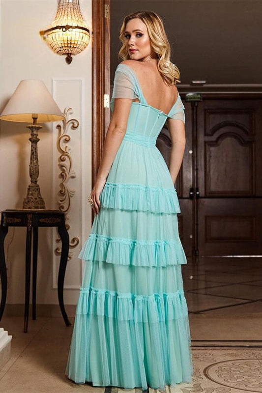 Gorgeous Cap Sleeves Sweetheart Long Prom Dresses Layered Tulle Party Gowns
