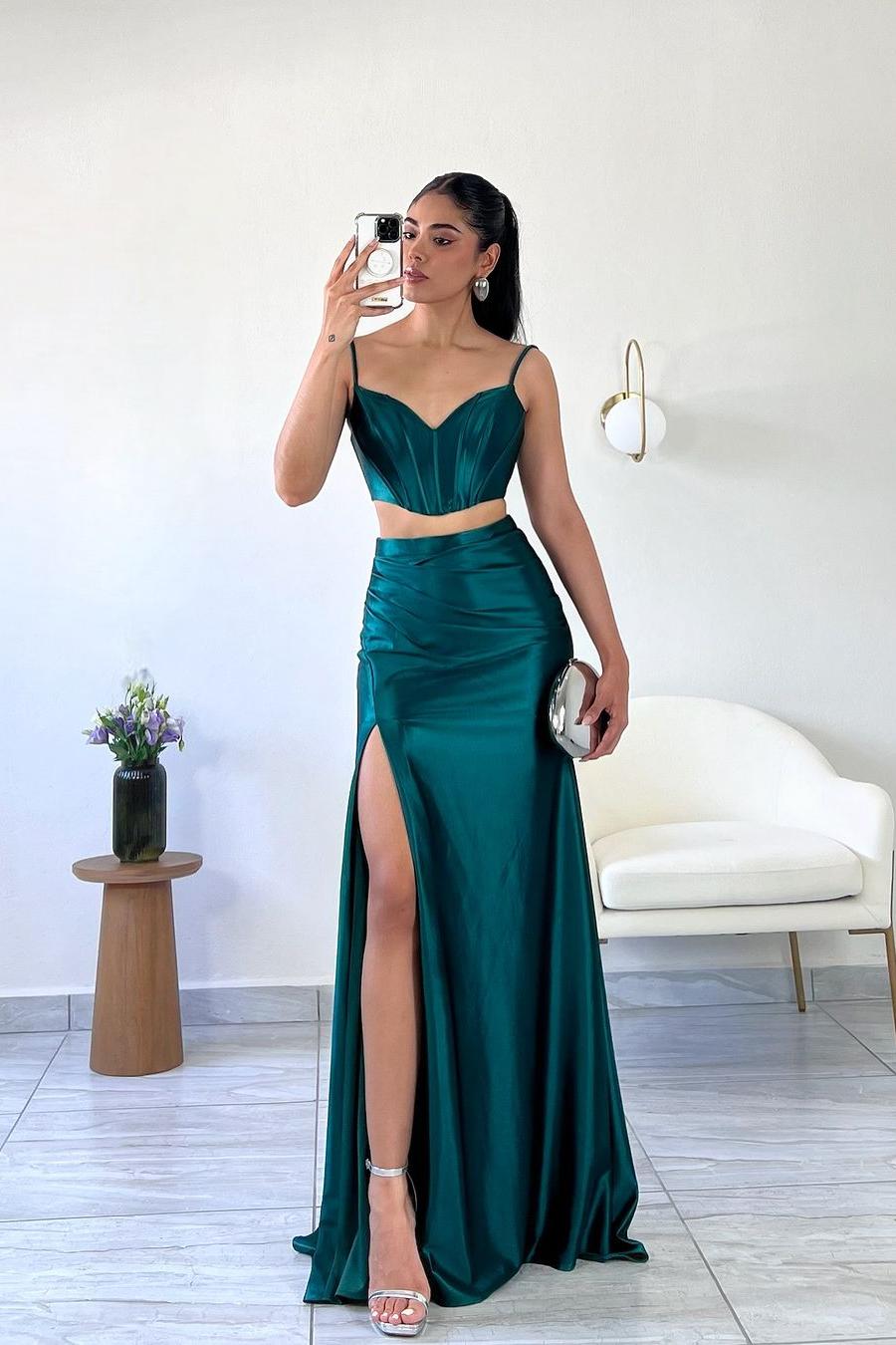Jade One Shoulder Sleeveless Mermaid Prom Dress with Long Slit