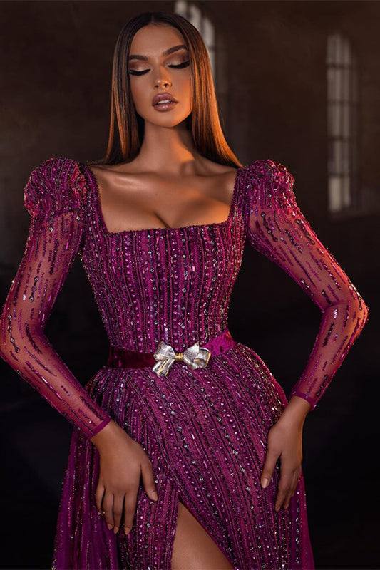 Stunning Purple Long Sleeves Evening Prom Dress Mermaid Square Beadings With Split