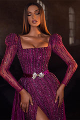 Stunning Purple Long Sleeves Evening Prom Dress Mermaid Square Beadings With Split