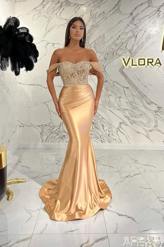 Elegant Off-the-Shoulder Mermaid Sequins Prom Dress with Beads Pleated