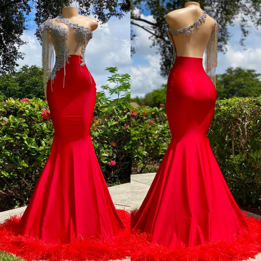 Classic Red Long Sleeves Prom Dress Mermaid Prom Dress With Feather Appliques