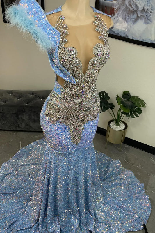Modern Sky Blue Sequins Prom Dress Mermaid Long With Beadings Feather