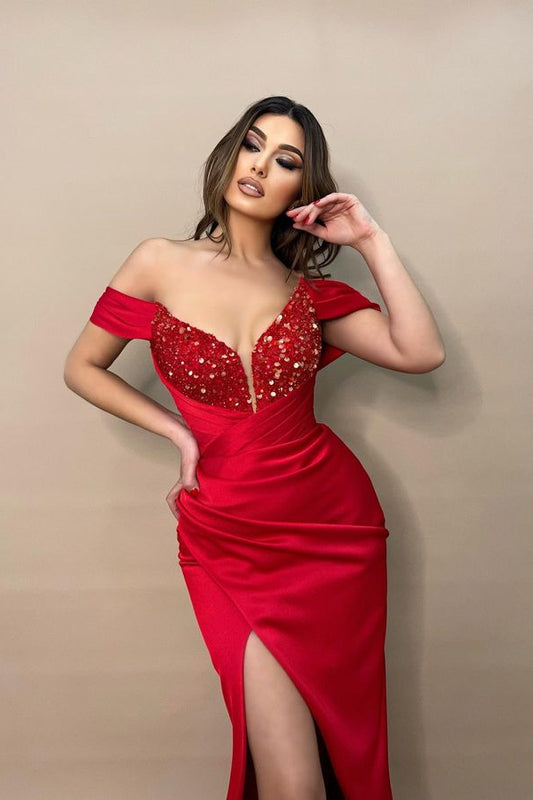 Elegant Red Off-the-Shoulder Prom Dress Sequins Mermaid Long With Slit
