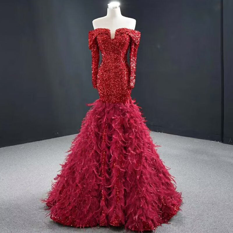 Fashion Red Sequin Prom Dress Long Sleeves A Line With Feather