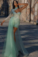 Charming High Neck Long Sleeves Prom Dress Sequins Beadings With Tulle Ruffle