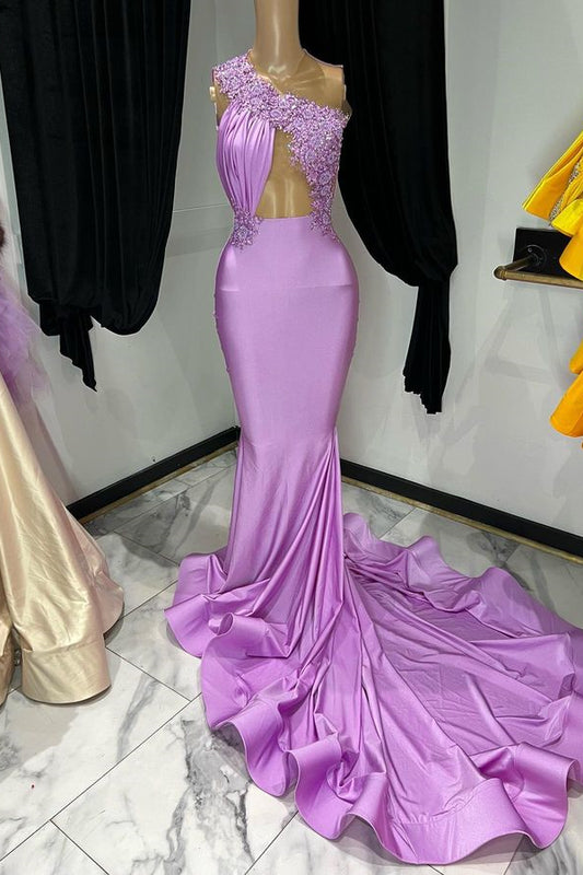 Modern Lilac One Shoulder Mermaid Prom Dress With Appliques