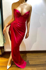 New Arrival Fuchsia V-Neck Sleeveless Mermaid Prom Dress Pleats With Split