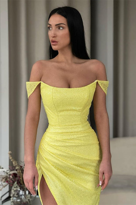 Classy Daffodil Off-the-Shoulder Mermaid Prom  Dress With Split Sequins