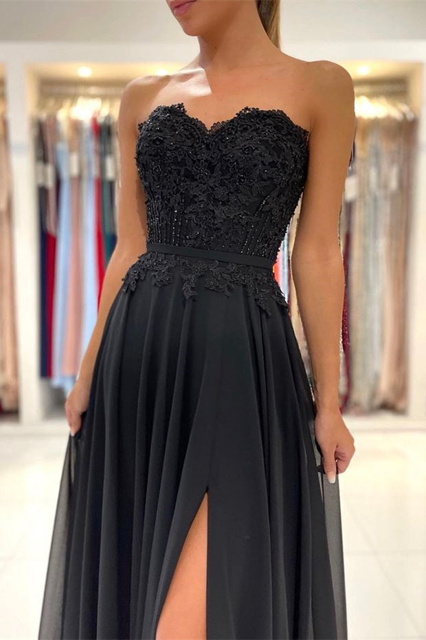 Modern Black Sweetheart Chiffon Prom Dress Appliques With Split