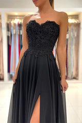 Modern Black Sweetheart Chiffon Prom Dress Appliques With Split