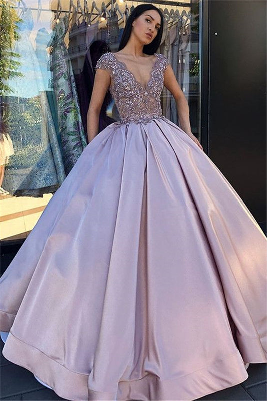Stunning Cap Sleeves Lace Appliques Ball Gown Prom Dress V-Neck