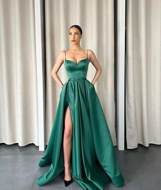 Gorgeous Spaghetti-Straps Emerald Prom Dress Split With Pockets