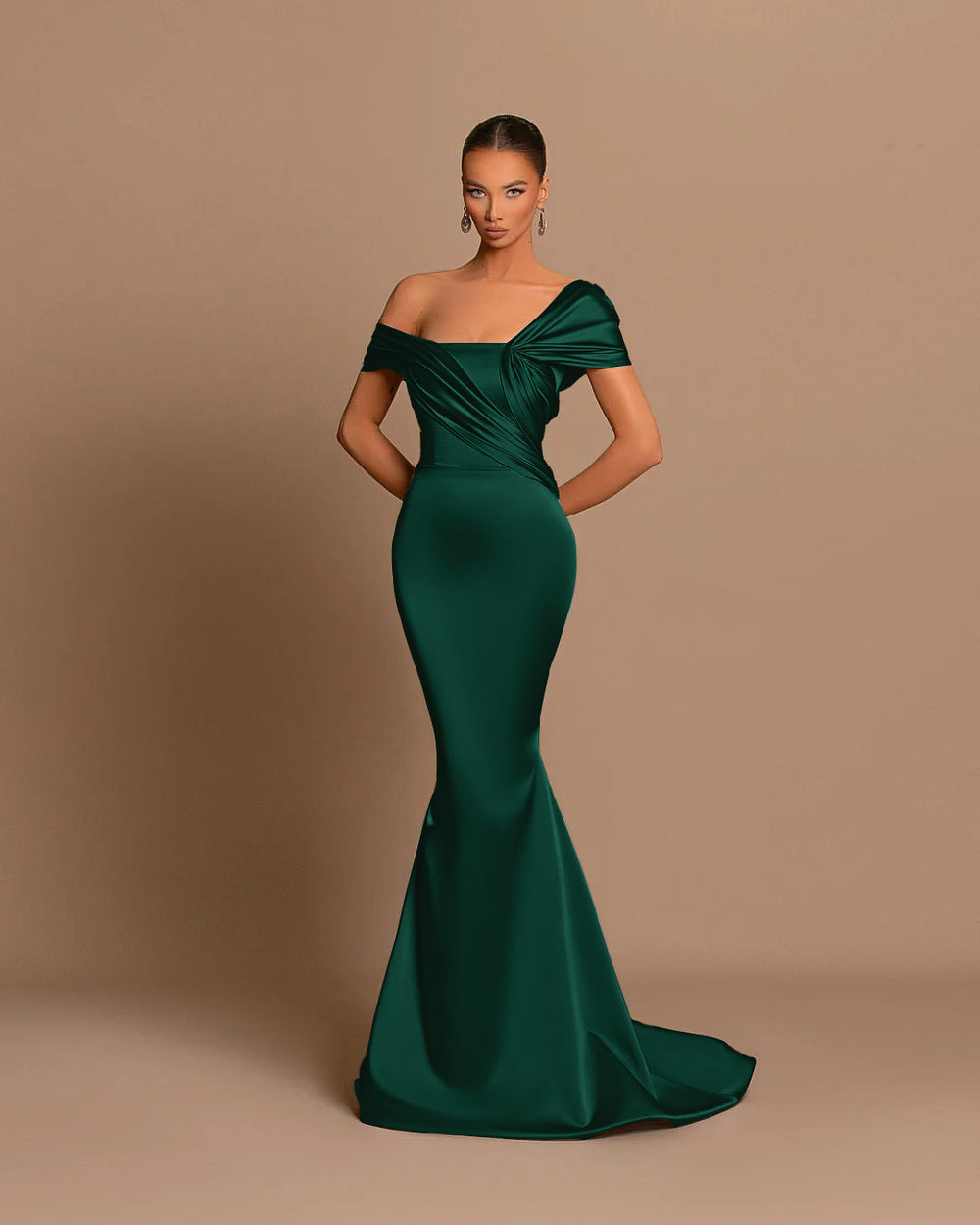 Grey Evening Dress Off-the-Shoulder Bateau Pleated Gown
