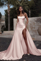  Pink Strapless Prom Dress with Sleeveless High Slit and Detachable Hem