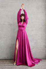 Gorgeous Long Sleeves V-Neck Prom Dress With Slit