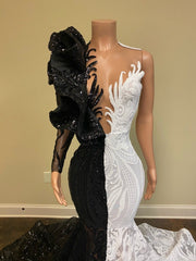 Stunning Black and White Sequins Lace Prom Dress Mermaid Long Sleeves