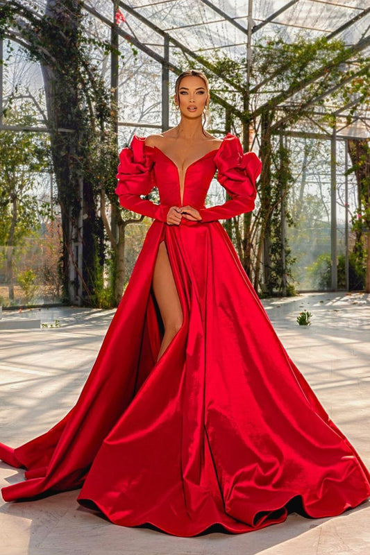 Stunning Red Long Sleeves Prom Dresses V-Neck Slit Long