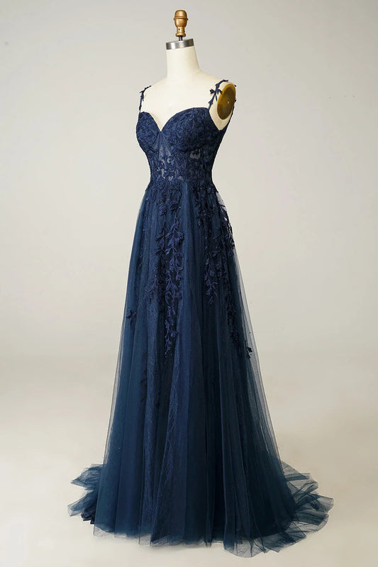 Sleeveless Spaghetti Strap Tulle Prom Dress Applique Mermaid Dress YB0096