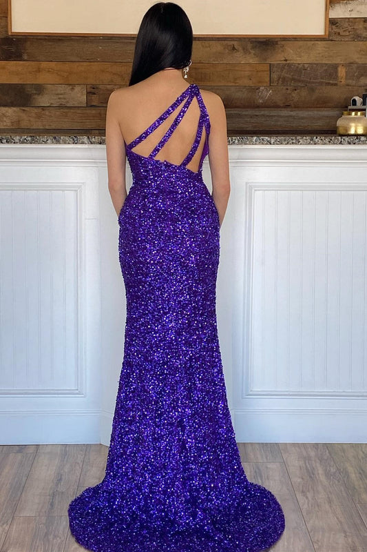 Charming One Shoulder Sleeveless Mermaid Prom Dress Sequins With Split Long