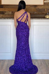 Charming One Shoulder Sleeveless Mermaid Prom Dress Sequins With Split Long