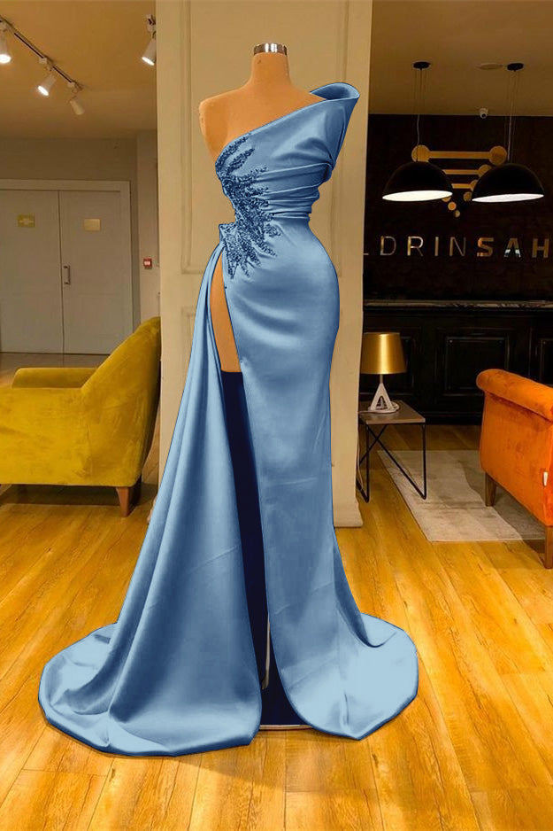  Sky Blue Long Mermaid Prom Dress Sleeveless Split with Beads
