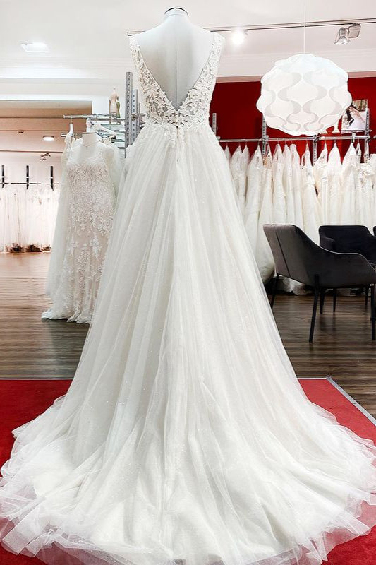 Elegant Backless Long A-line Wedding Dress with V-neck, Tulle Ruffles, and Lace