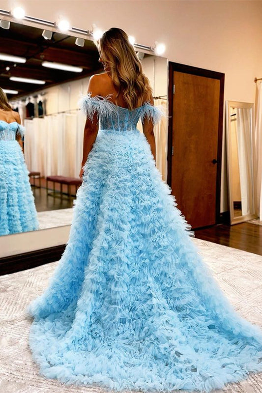 Light Blue Feather Evening Dress V Neck With Slit