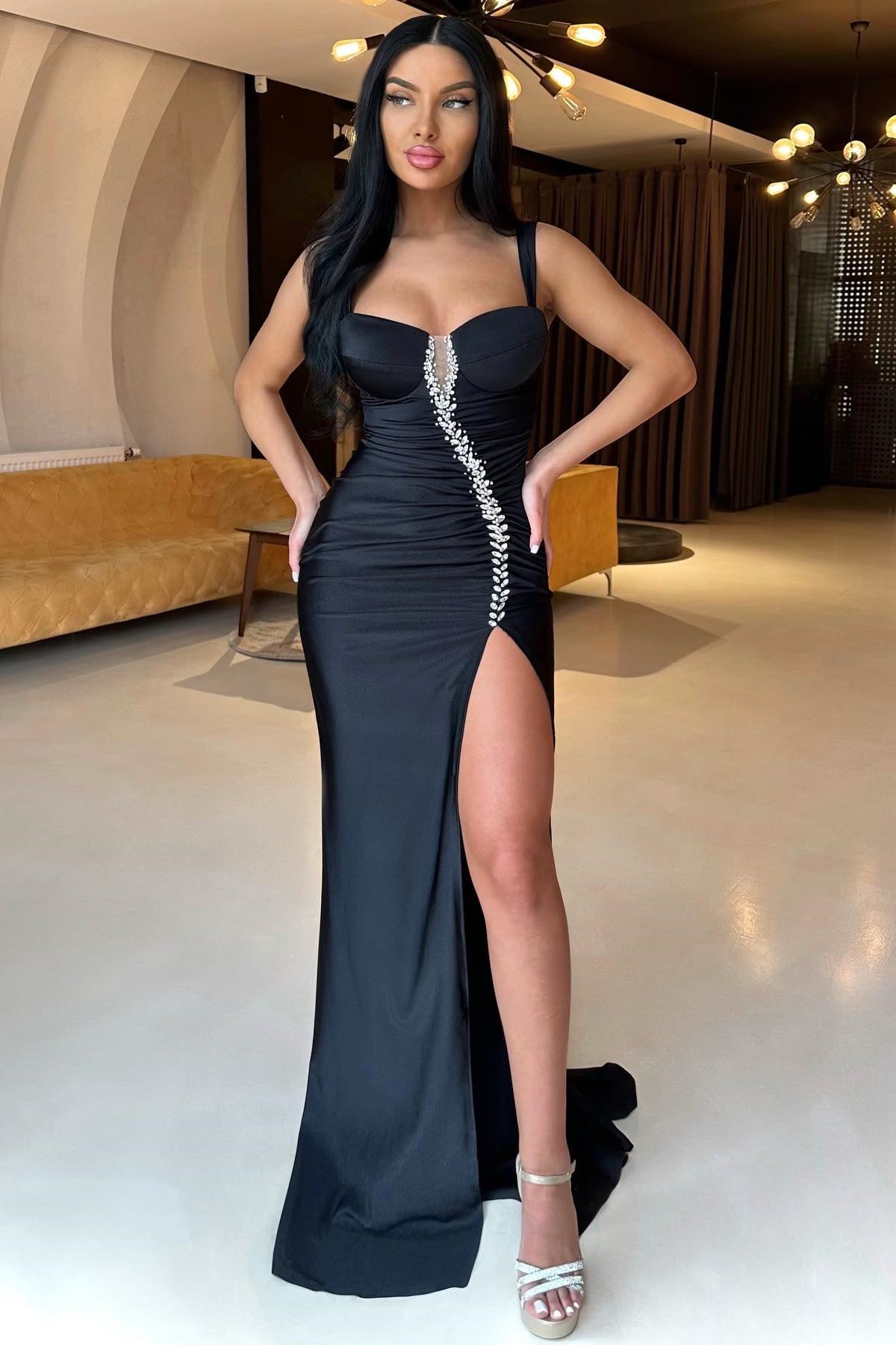 Gorgeous Black Sleeveless Mermaid Prom Dress Beaded Split Long