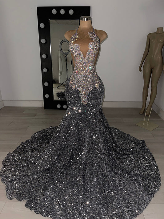 Modern Silver Grey Halter Mermaid Prom Dress Sequins Sleeveless With Beadings