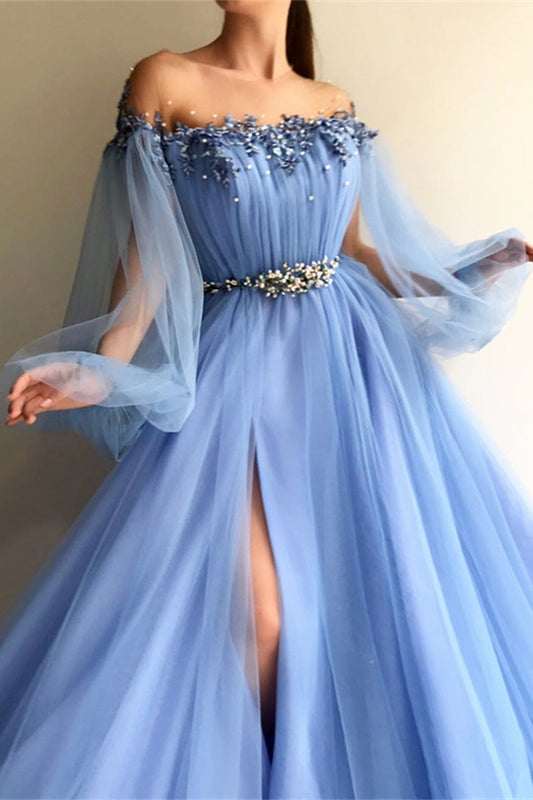 Modern Off-the-Shoulder Long Sleeves Prom Dress With Beads Split