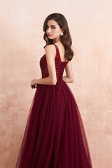 Gorgeous Burgundy V-Neck Sleeeveless Prom Dress Split With Beads Tulle Long