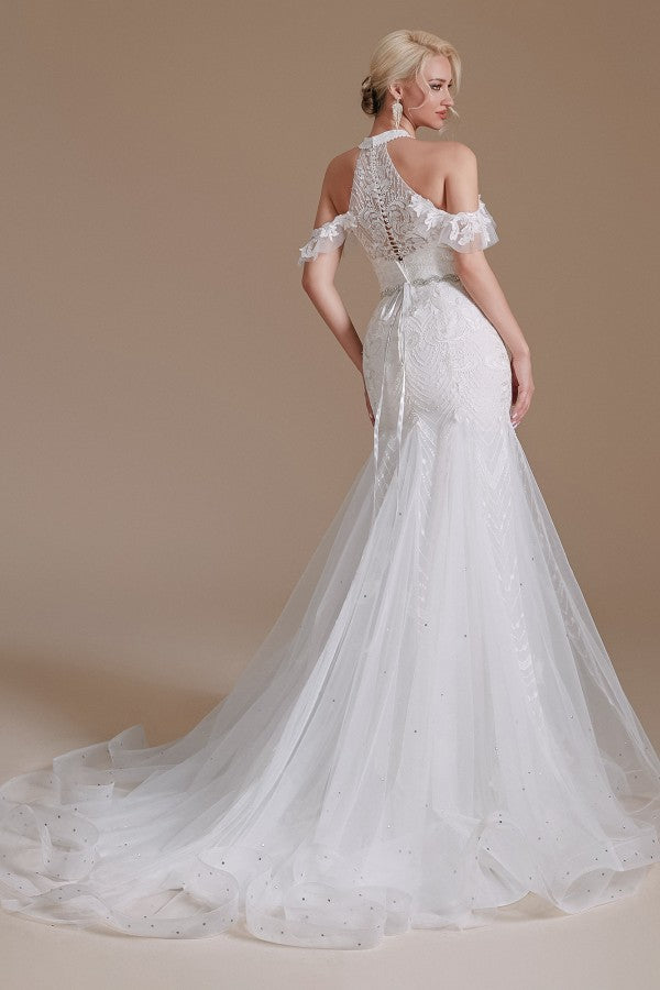 Stunning Mermaid Halter Floor-Length Tulle Wedding Dress Featuring Lace Appliques