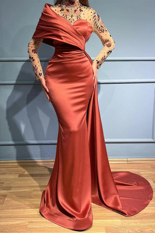 Gorgeous Long Sleeves Crystal Mermaid Prom Dress High Neck with Ruffles