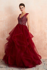 New Arrival Burgundy V-Neck Prom Dress Tulle Long With Beads Online