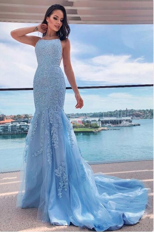 Sky Blue Elegant Halter Mermaid Prom Dress Lace Appliques Long Party Gowns