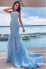 Sky Blue Elegant Halter Mermaid Prom Dress Lace Appliques Long Party Gowns
