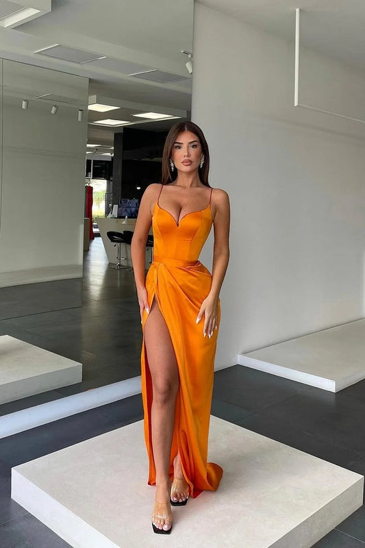 Orange Prom Dress Charmeuse Sleeveless Spaghetti Strap