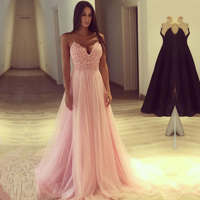 Stunning Pink Spaghetti-Straps Long Prom Dress Lace Tulle Party Gowns