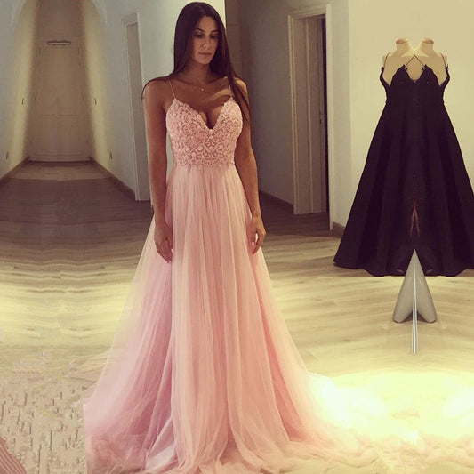 Stunning Pink Spaghetti-Straps Long Prom Dress Lace Tulle Party Gowns