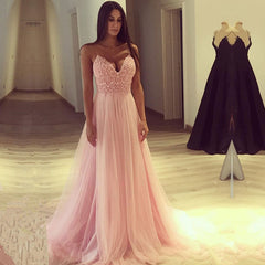 Stunning Pink Spaghetti-Straps Long Prom Dress Lace Tulle Party Gowns