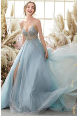 Gorgeous Dusty Blue V-Neck Spaghetti-Straps Prom Dresses Tulle Slit With Beadings