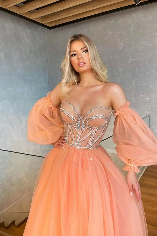 Modern Light Orange Sweetheart Prom Dress Tulle With Beads Detachable Sleeves