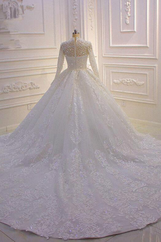 Elegant High-neck Ball Gown with Long Sleeves, Ruffles, and Lace Appliques