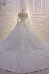 Elegant High-neck Ball Gown with Long Sleeves, Ruffles, and Lace Appliques
