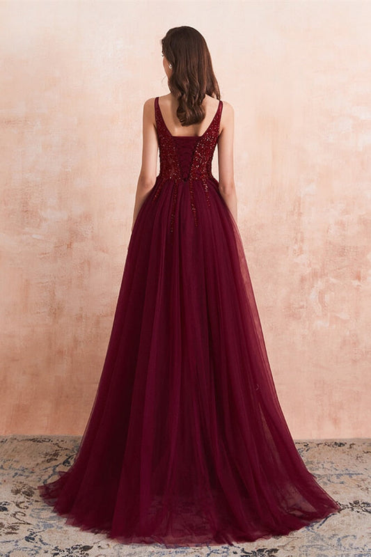 Gorgeous Burgundy V-Neck Sleeeveless Prom Dress Split With Beads Tulle Long