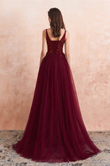 Gorgeous Burgundy V-Neck Sleeeveless Prom Dress Split With Beads Tulle Long