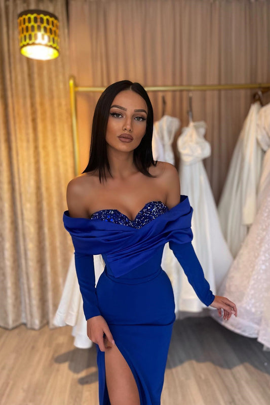 Gorgeous Royal Blue Sweetheart Mermaid Prom Dress Sequins With Split Long Sleeves