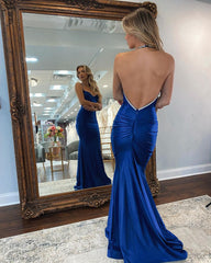 Royal Blue Mermaid Prom Dress Long V Neck Backless