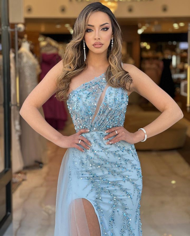 Fabulous One Shoulder Mermaid Prom Dress Sky Blue Long Split With Beads